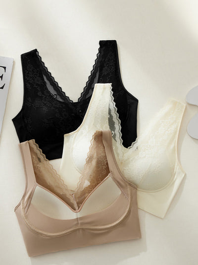 Women Artsy Pure Color Lace Satin Seamless Bra