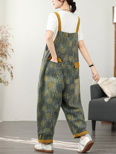 Women Summer Fashion Flower Stripe Denim Jumpsuits