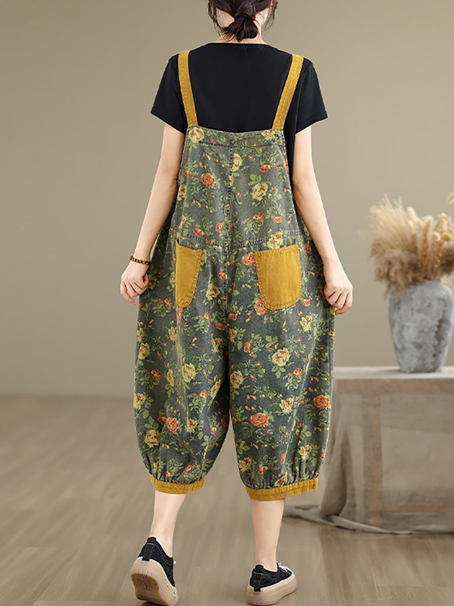 Women Summer Flower Denim Cropped Jumpsuits