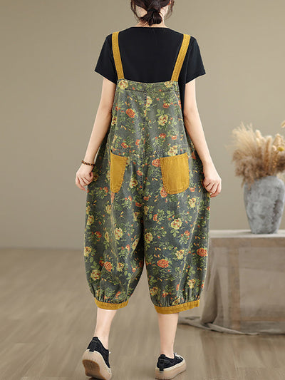 Women Summer Flower Denim Cropped Jumpsuits