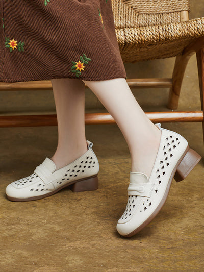 Women Summer Leather Hollow Out Mid Heel Shoes