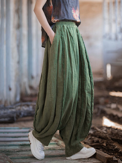 Women Summer Retro Solid Raw-edge Spliced Loose Bloomers