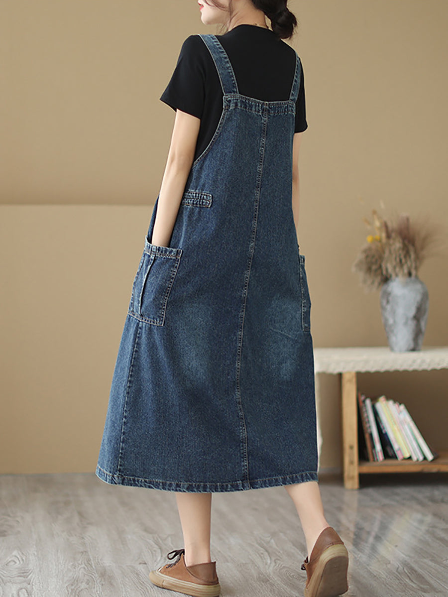 Plus Size Women Summer Retro Pleat Drawstring Pocket Denim Dress