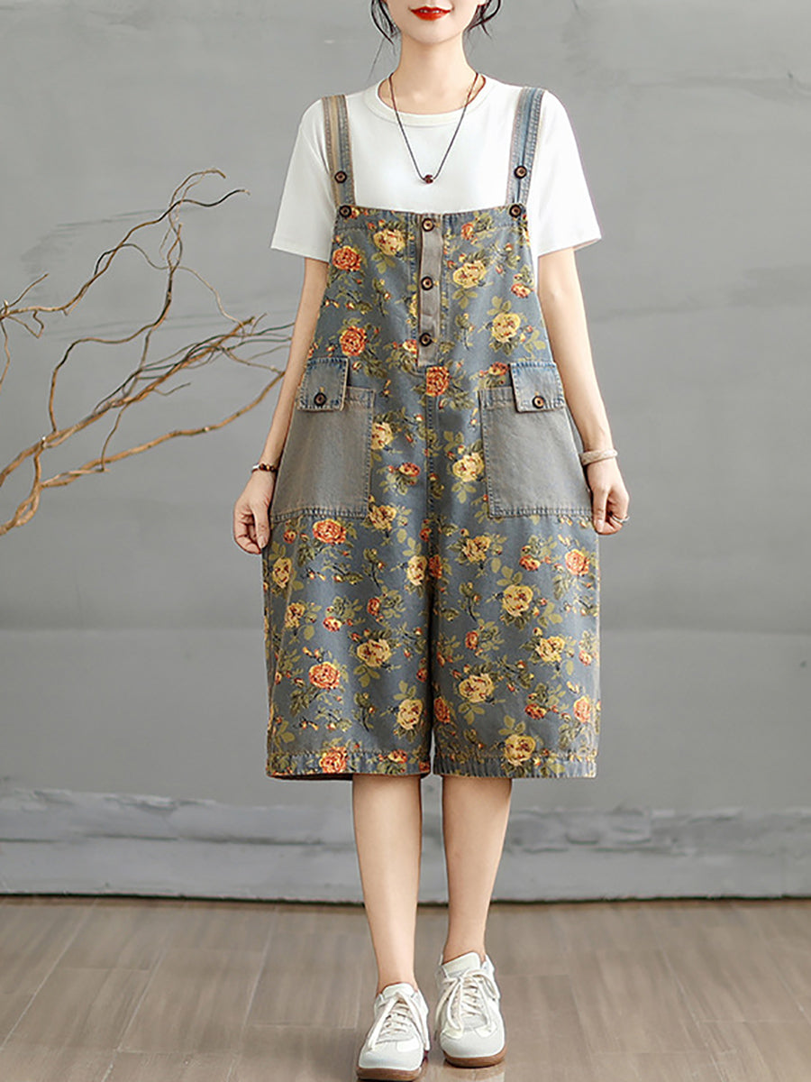 Women Summer Artsy Flower Denim Short Jumpsuits