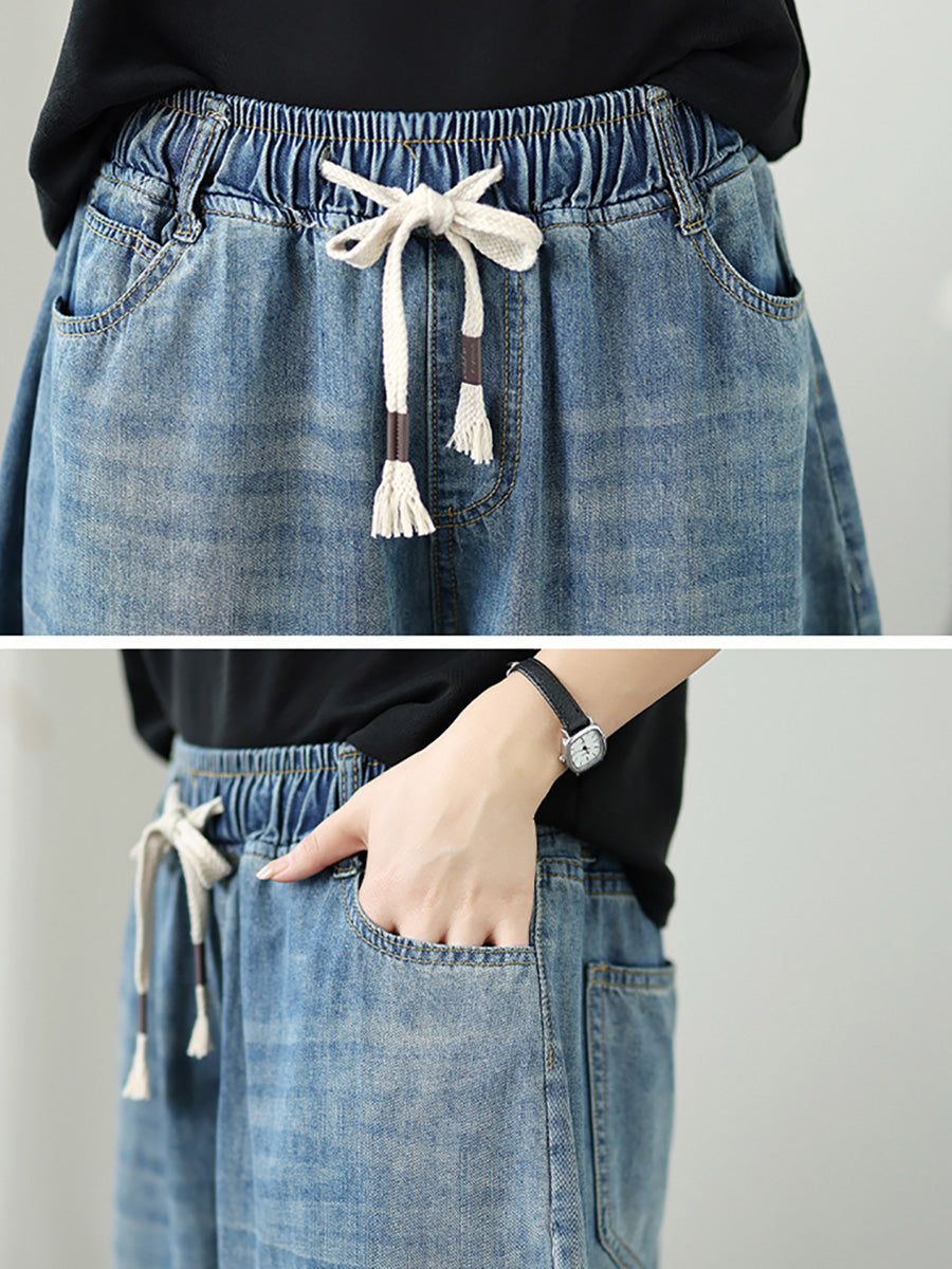 Women Casual Summer Pure Color Denim Wide-leg Pants