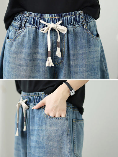 Women Casual Summer Pure Color Denim Wide-leg Pants