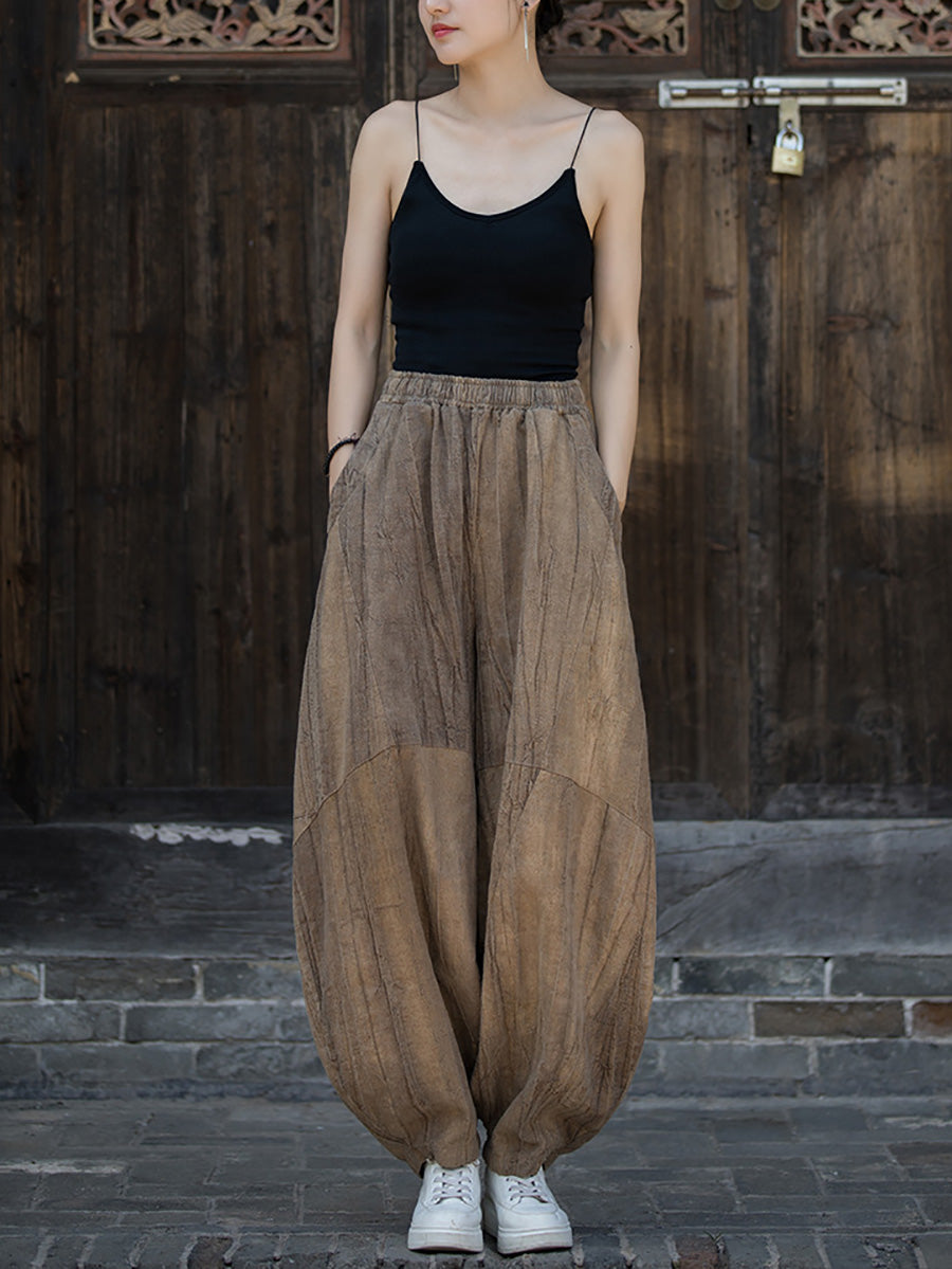 Women Vintage Autumn Solid Loose Ramie Bloomers