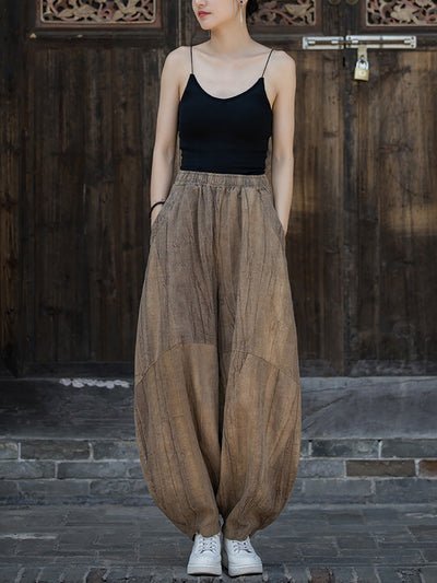 Women Vintage Autumn Solid Loose Ramie Bloomers