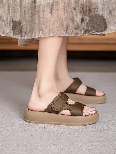 Women Summer Casual Genuine Leather Platform Slippers