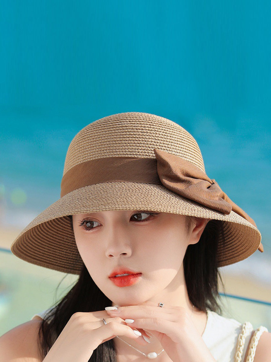 Women Elegant Bowknot Straw Sunproof Hat