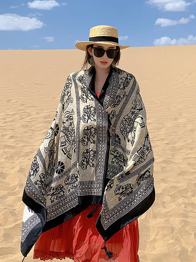 Women Ethnic Print Tassel Shawl Scarf