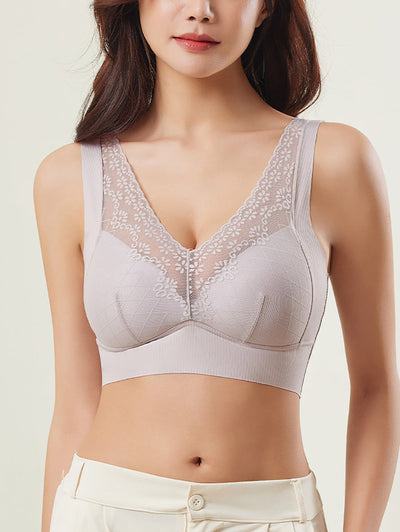Women Artsy Pure Color Lace Satin Seamless Bra