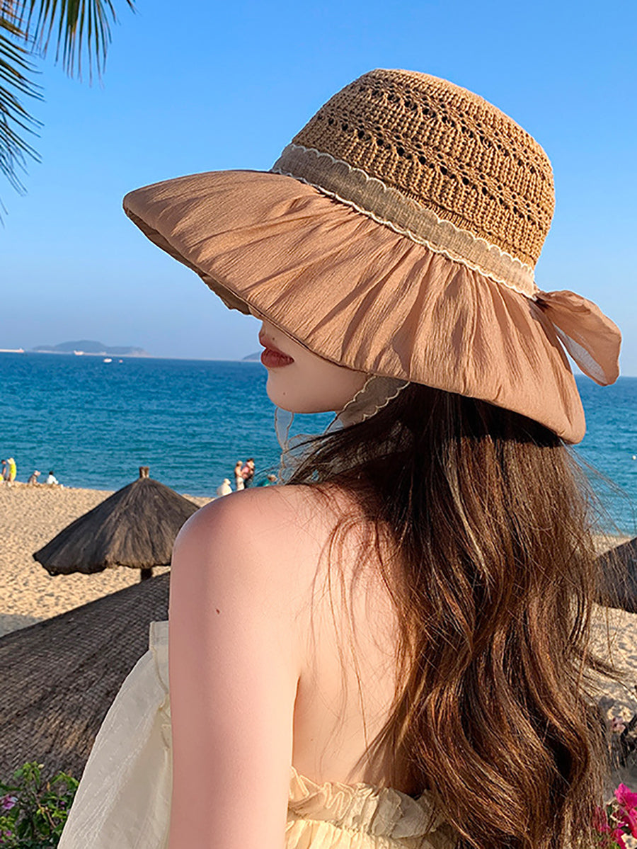Women Summer Knitted Bowknot Spliced Sunproof Hat