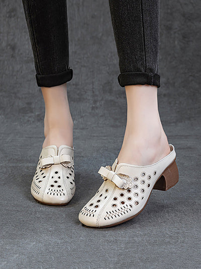 Women Summer Genuine Leather Hollow Out Mid Heel Slippers