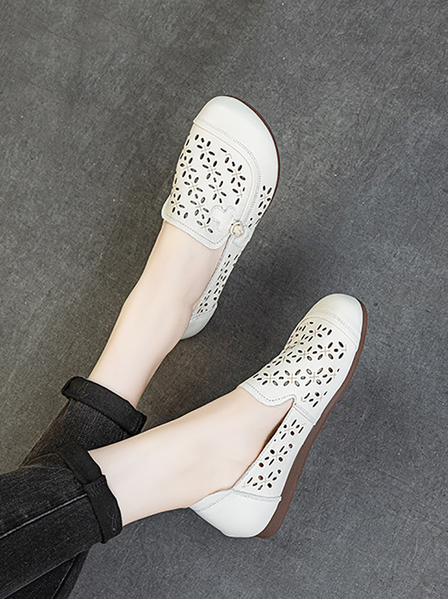 Women Vintage Genuine Leather Hollow Out Flat Shoes