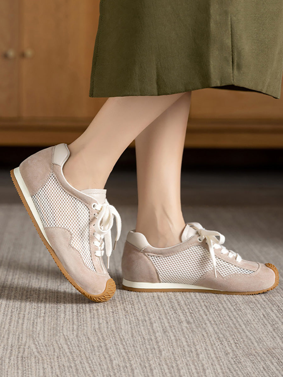 Women Summer Vintage Leather Spliced Mesh Shoes