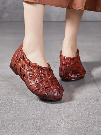 Women Summer Casual Leather Weave Low Heel Shoes