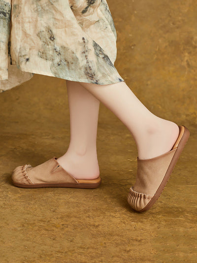 Women Casual Summer Pleated Genuine Leather Slippers