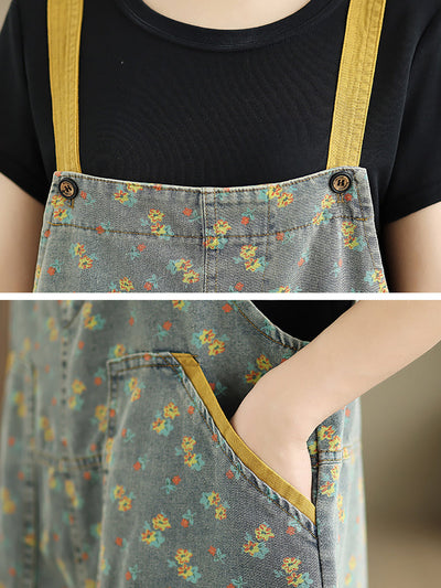 Women Summer Casual Floral Denim Wide-leg Jumpsuits