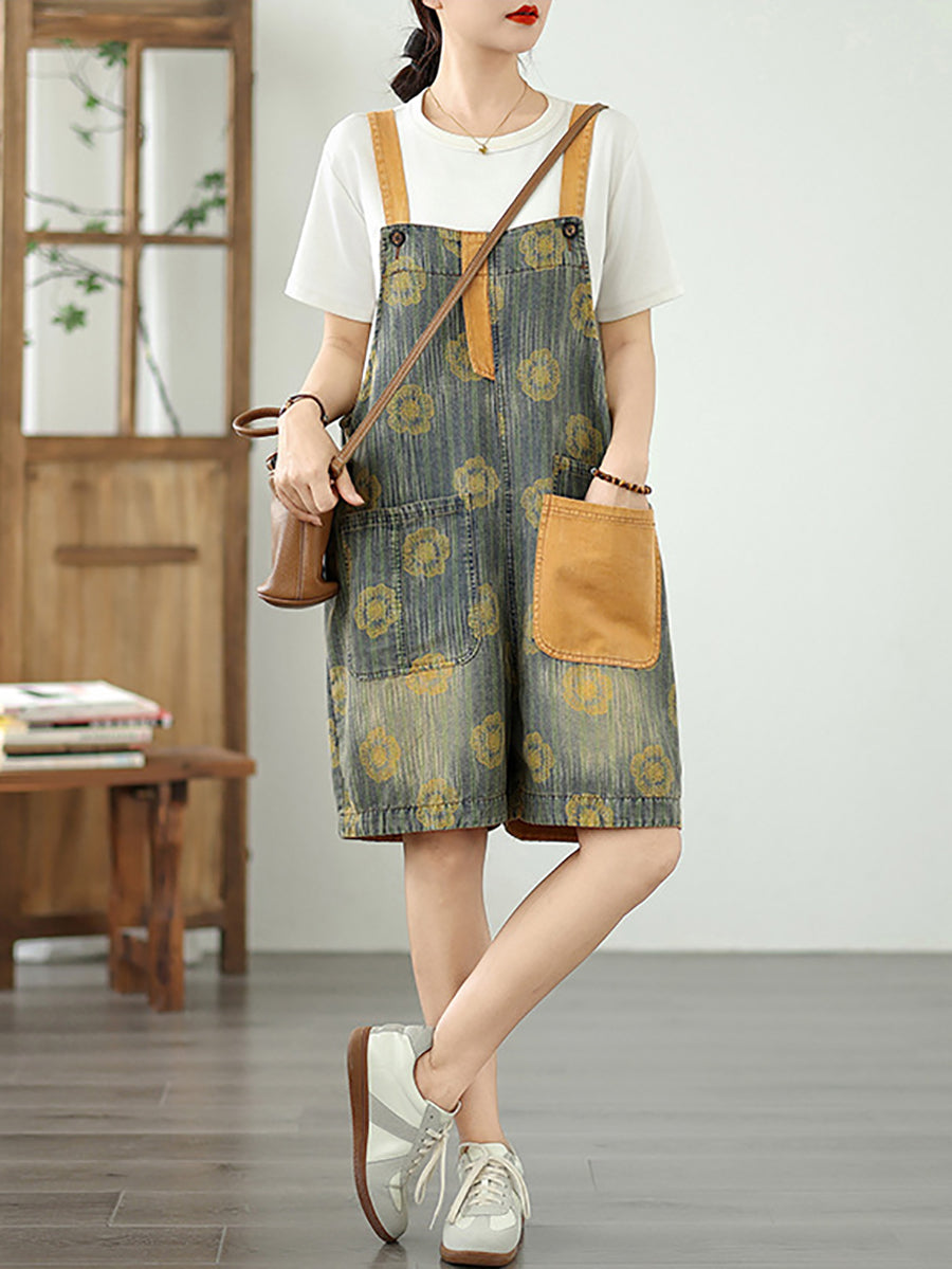 Women Summer Flower Colorblock Denim Short Jumpsuits