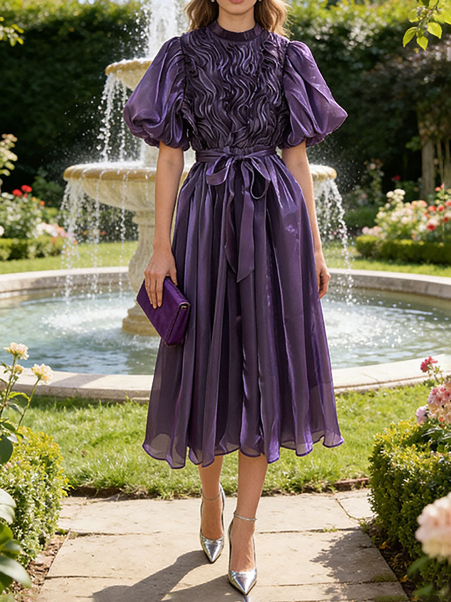 Half Sleeves High Waisted Pleated Ruffled Tied Waist Zipper Round-Neck Maxi Dresses