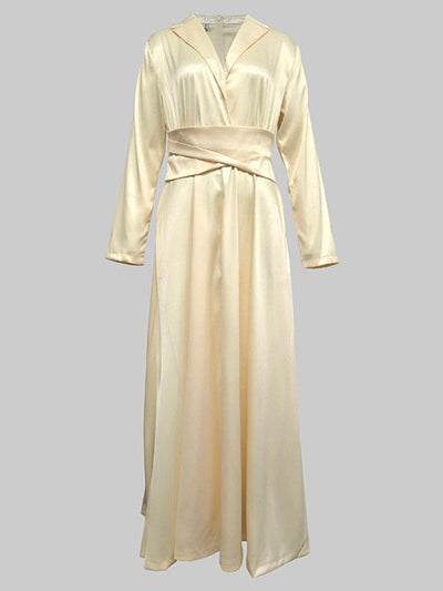 A-Line High Waisted Pleated Solid Color V-Neck Maxi Dresses