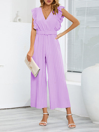 High Waisted Loose Belted Pleated Ruffled Solid Color V-Neck Jumpsuits