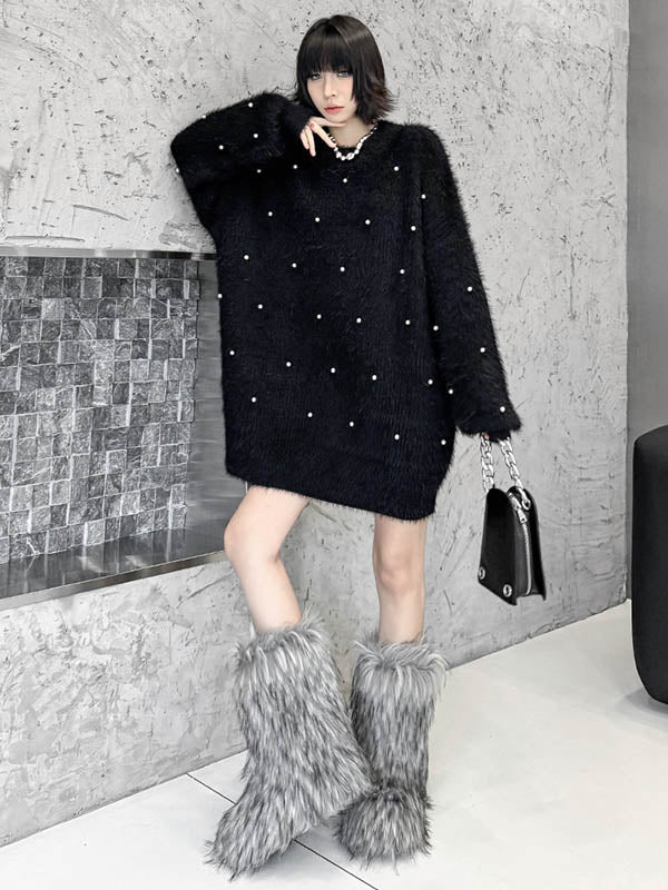 Long Sleeves Loose Beads Contrast Color Shiny Split-Joint Round-Neck Mini Dresses Sweater Dresses