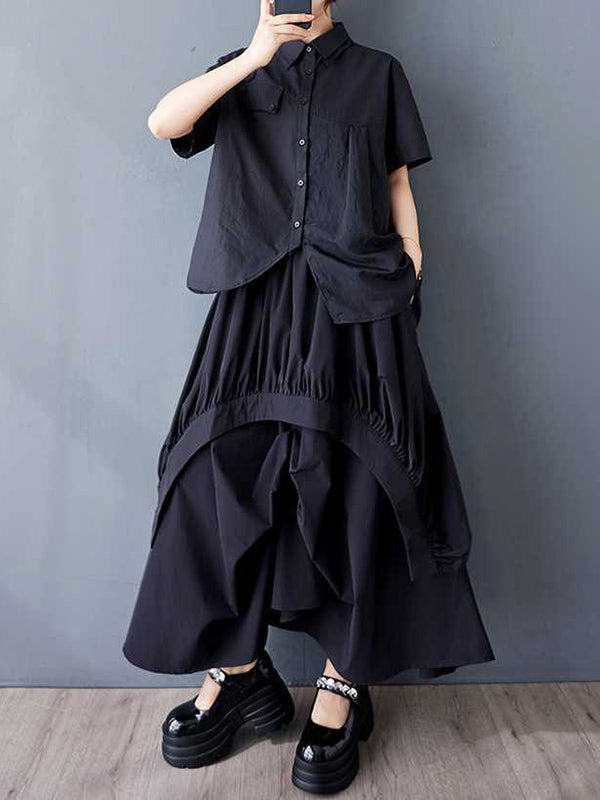 A-Line Loose Asymmetric Elasticity Pleated Pockets Solid Color Skirts Bottoms