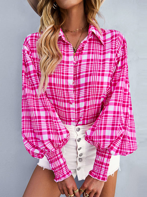 Long Sleeves Loose Buttoned Contrast Color Elasticity Plaid Lapel Blouses&Shirts Tops