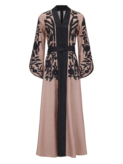 A-line Flared Sleeves Printed Tied Waist V-neck Maxi Dresses