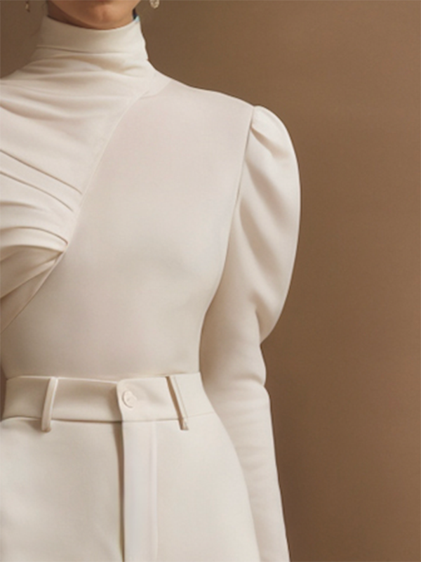 Irregularity Long Sleeves Asymmetric Pleated Solid Color High Neck Sweatshirt Tops