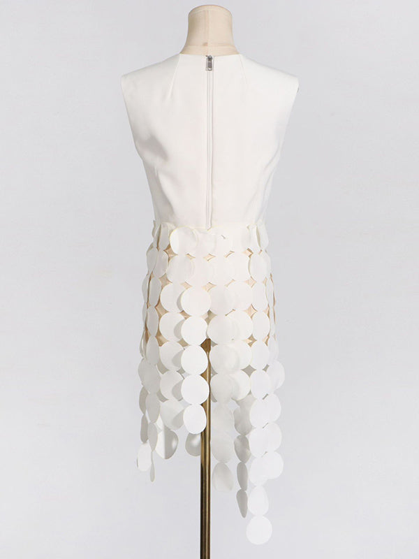 Sleeveless Polka-Dot Solid Color Split-Joint Tasseled Round-Neck Vest Top