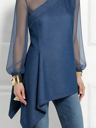 Long Sleeves Puff Sleeves Asymmetric Mesh Split-Joint Mock Neck Blouses&Shirts Tops