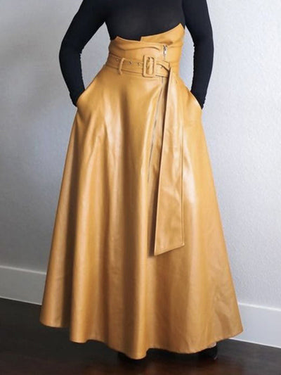 A-Line High Waisted Belted Pockets Solid Color Zipper Skirts Bottoms