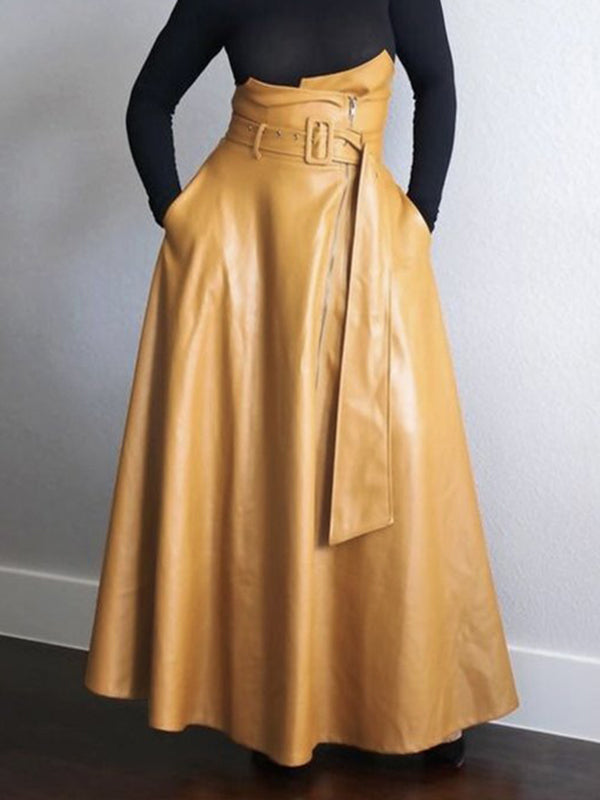 A-Line High Waisted Belted Pockets Solid Color Zipper Skirts Bottoms