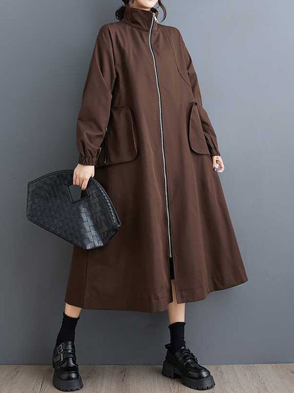 Long Sleeves Loose Elasticity Pockets Split-Joint Zipper High Neck Outerwear Trench Coats