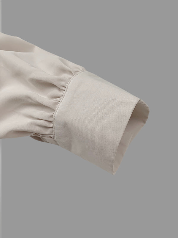 High-Low Long Sleeves Buttoned Drawstring Pleated Pockets Solid Color Lapel Midi Dresses