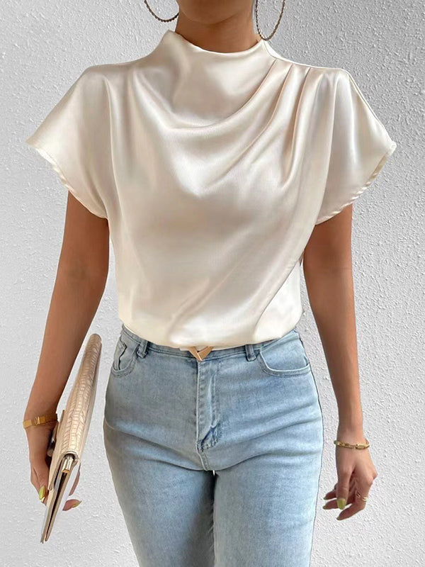 Loose Short Sleeves Pleated Solid Color Mock Neck T-Shirts Tops