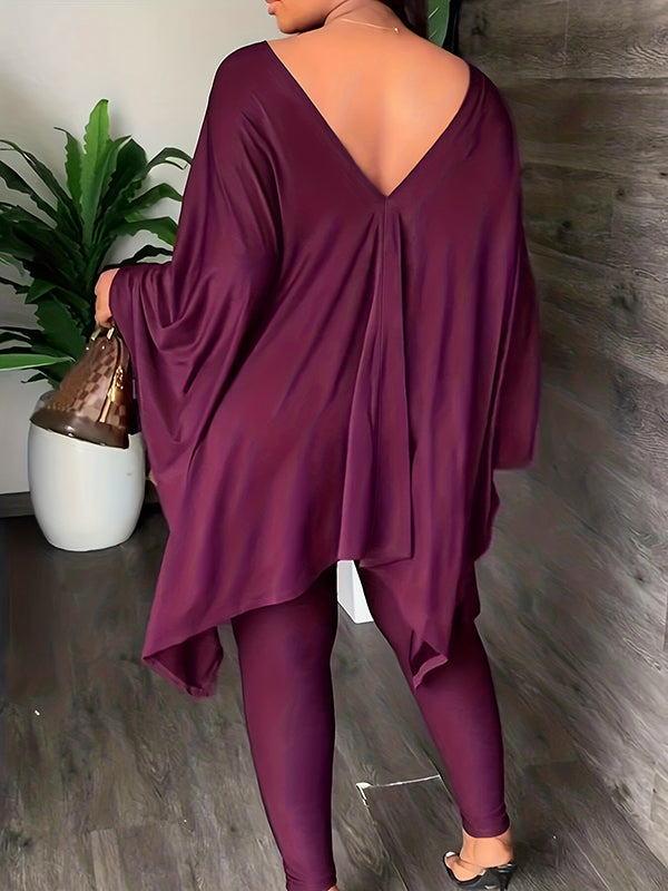 Batwing Sleeves Loose Solid Color V-Back V-Neck Shirts Tops&Pants Two Pieces Set