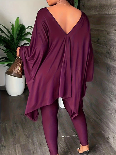 Batwing Sleeves Loose Solid Color V-Back V-Neck Shirts Tops&Pants Two Pieces Set