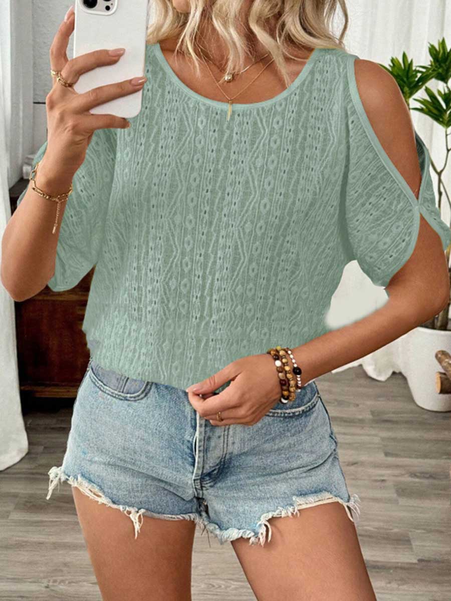 Loose Short Sleeves Solid Color Split-Joint Textured Cold Shoulder Blouses&Shirts Tops
