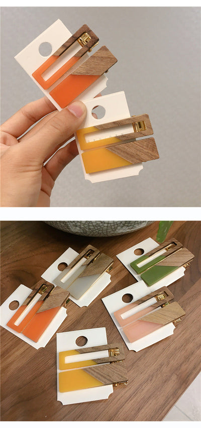 simple style color block wood acetic acid sheets handmade patchwork hair clip 1 pair