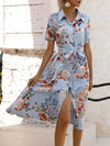 A-Line Loose Buttoned Flower Print Tied Waist Lapel Midi Dresses