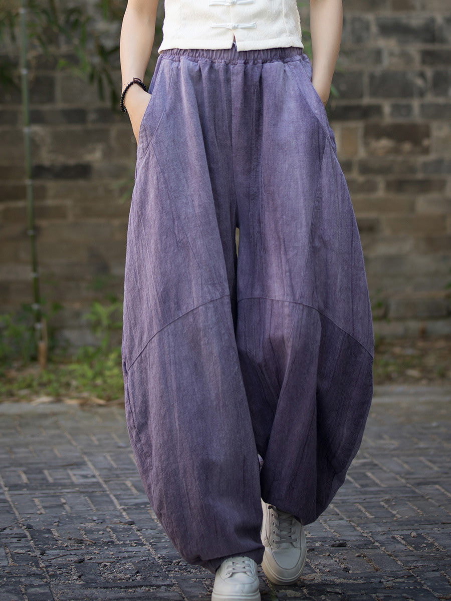 Plus Size Women Summe Vintage Tie-dye Spliced Ramie Bloomers