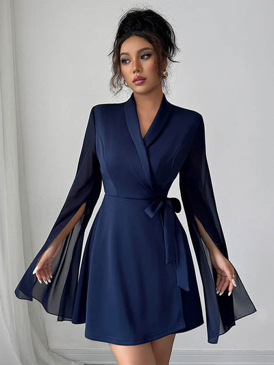 A-Line Elasticated Waist Interlace See-Through Solid Color Split-Joint Split-Side Tied Waist V-Neck Mini Dresses