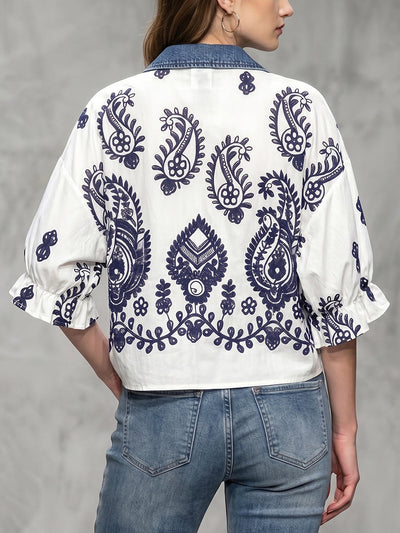 Ruffle Sleeves Three-Quarter Sleeves Embroidered Pleated Split-Joint Lapel Blouses&Shirts Tops