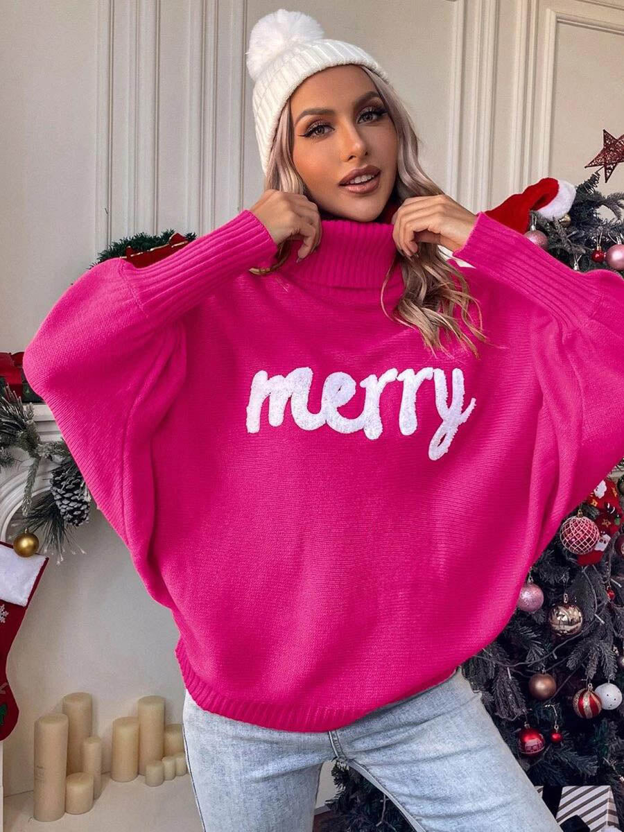 Long Sleeves Loose Contrast Color Printed Split-Joint High Neck Sweater Tops