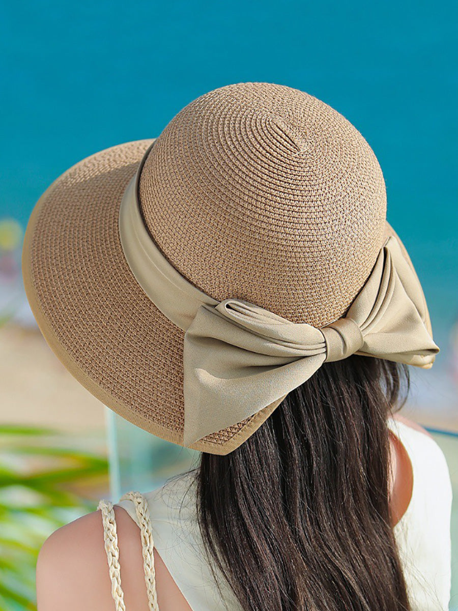 Women Straw Weave Stain Bowknot Sunproof Hat