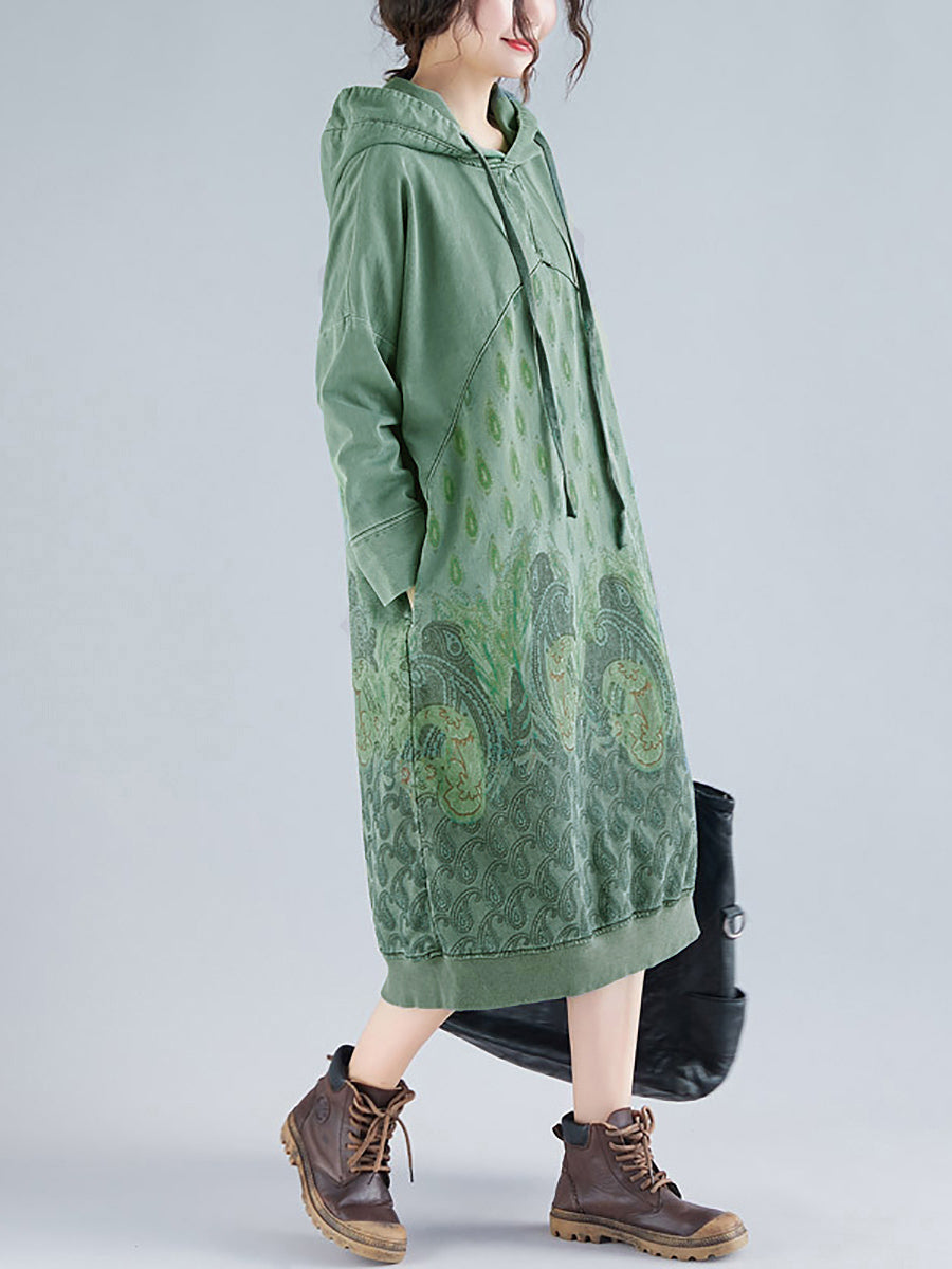 Women Ethnic Autumn Print Hooded Dress